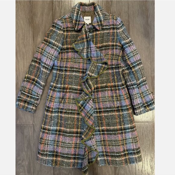Vintage 90s Coat Moschino Tartan Plaid Multi Wool Ruffle US 10 - Picture 2 of 9